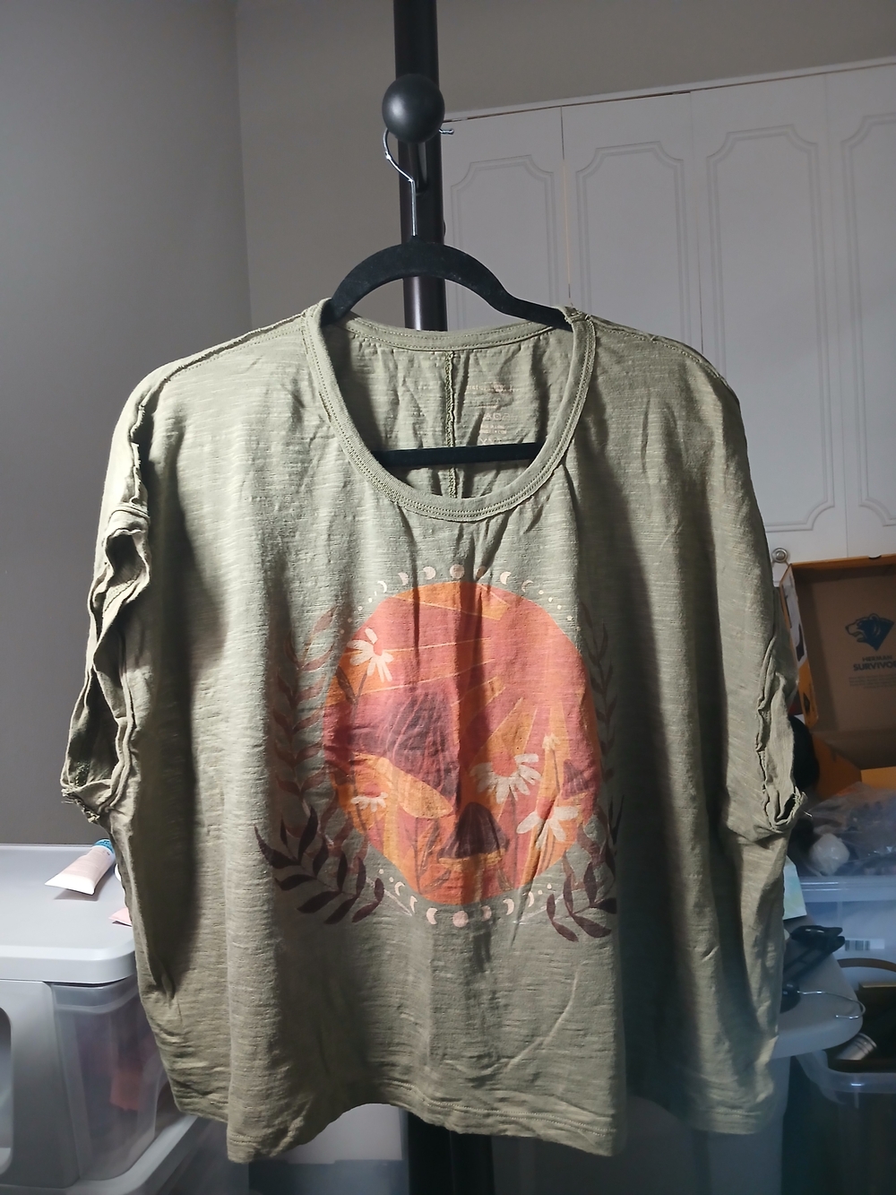 NATURAL LIFE Olive Green Crop Top with Orange Sun Graphic